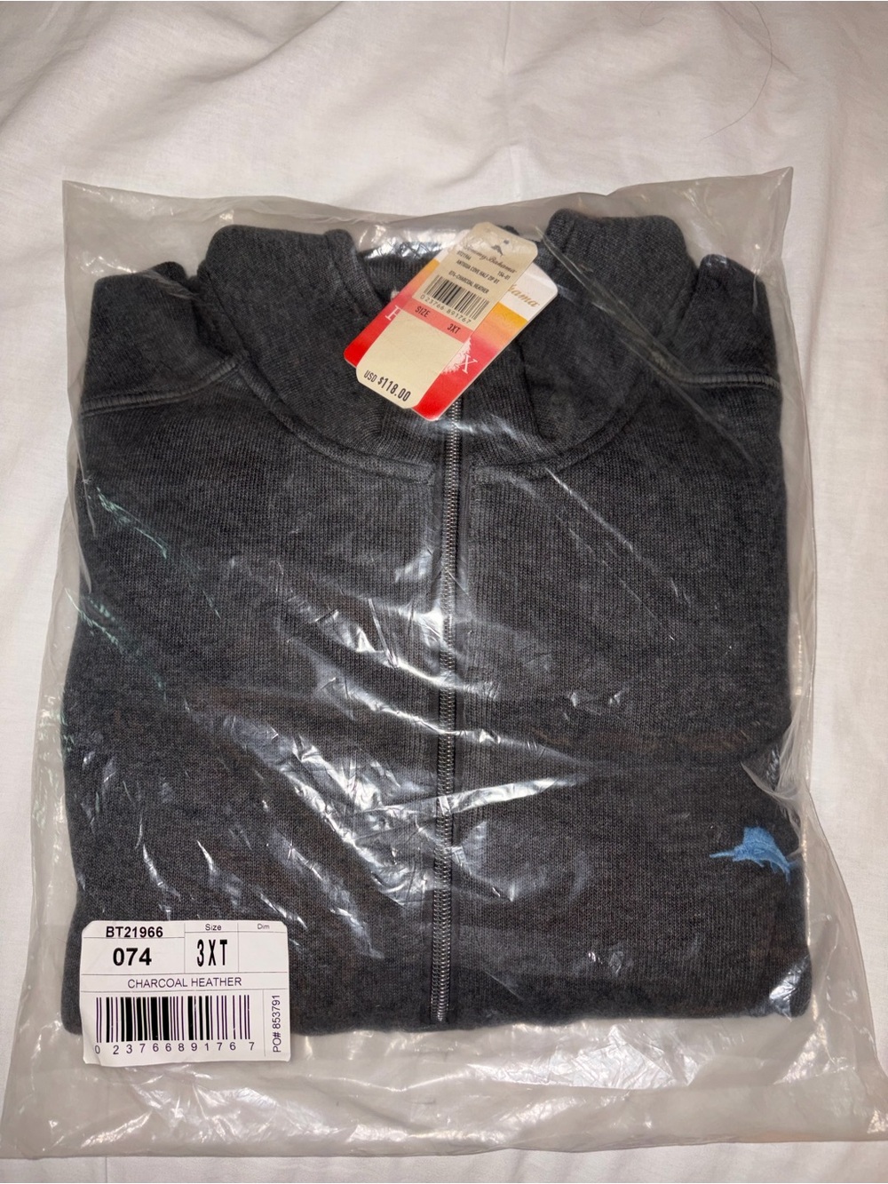 Tommy Bahama NWT Men's Charcoal Heather Full-Zip Sweater - 3XT